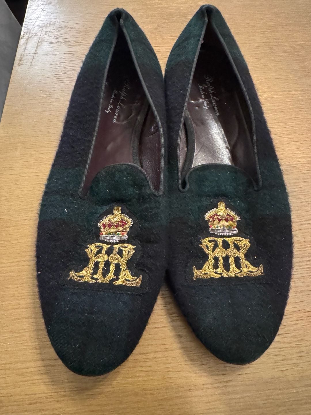 Ralph Lauren Men's Plaid Wool Embroidered Crest Slippers Made in Italy 2