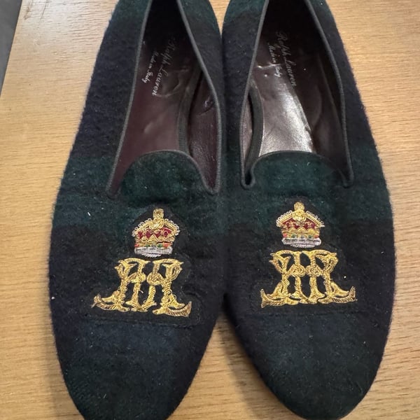 Ralph Lauren Men's Plaid Wool Embroidered Crest Slippers Made in Italy