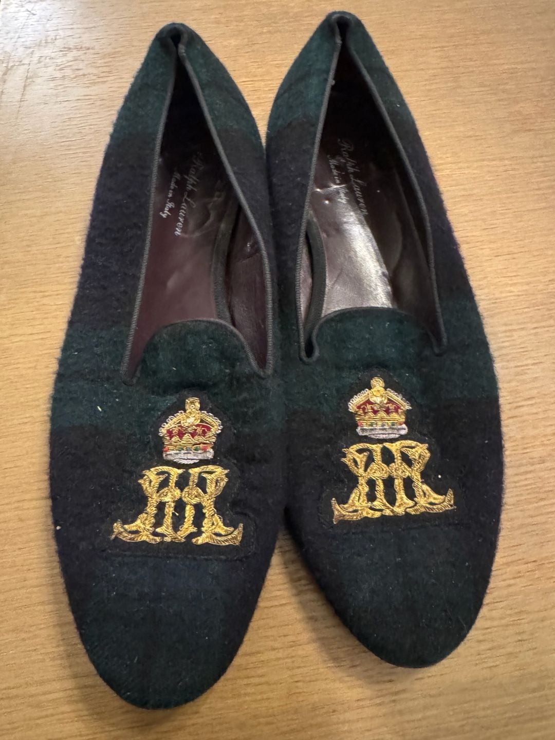 Ralph Lauren Men's Plaid Wool Embroidered Crest Slippers Made in Italy 3