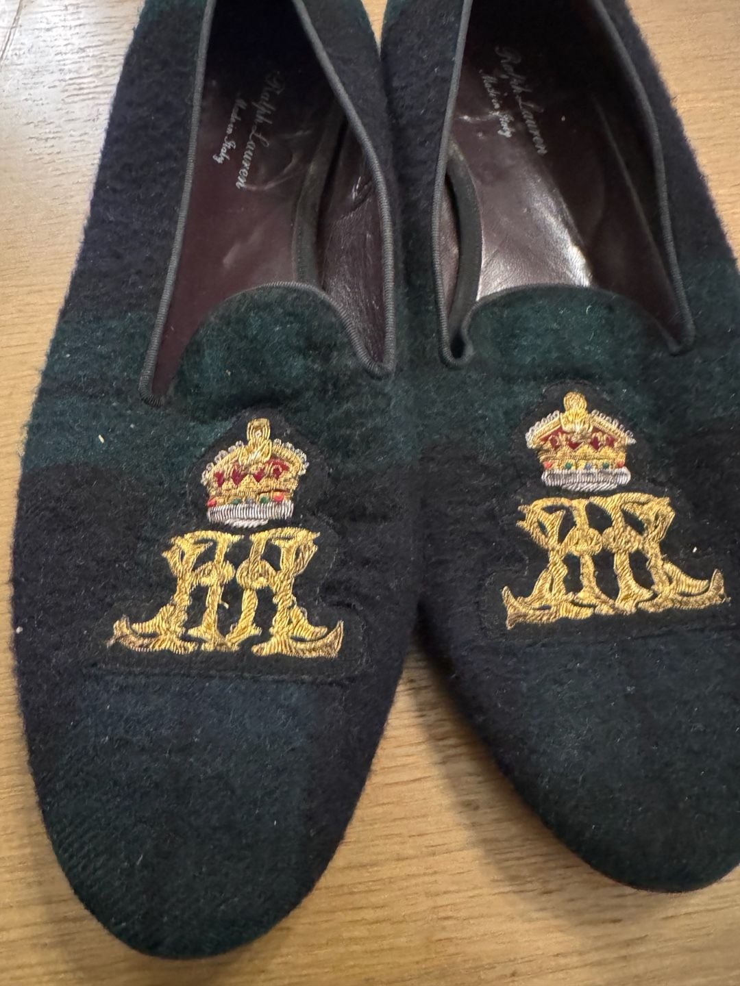 Ralph Lauren Men's Plaid Wool Embroidered Crest Slippers Made in Italy 4