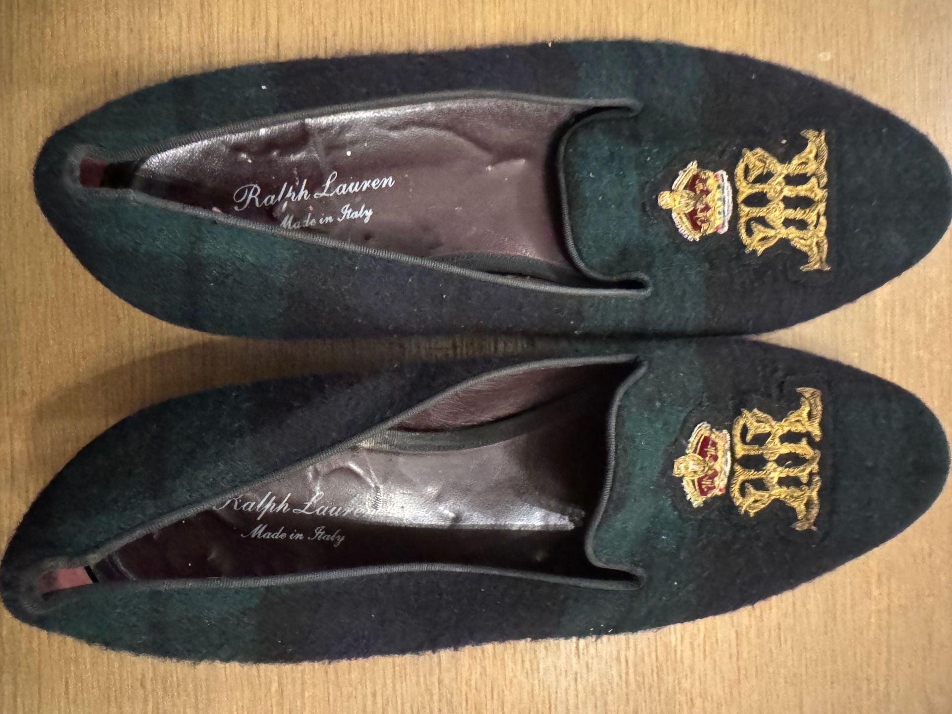 Ralph Lauren Men's Plaid Wool Embroidered Crest Slippers Made in Italy 5