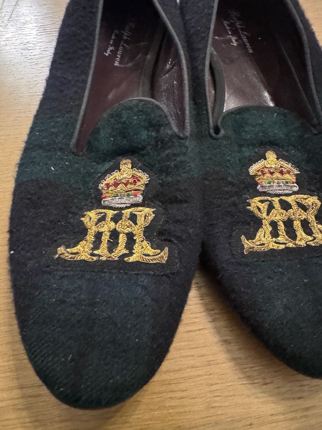 Ralph Lauren Men's Plaid Wool Embroidered Crest Slippers Made in Italy 6