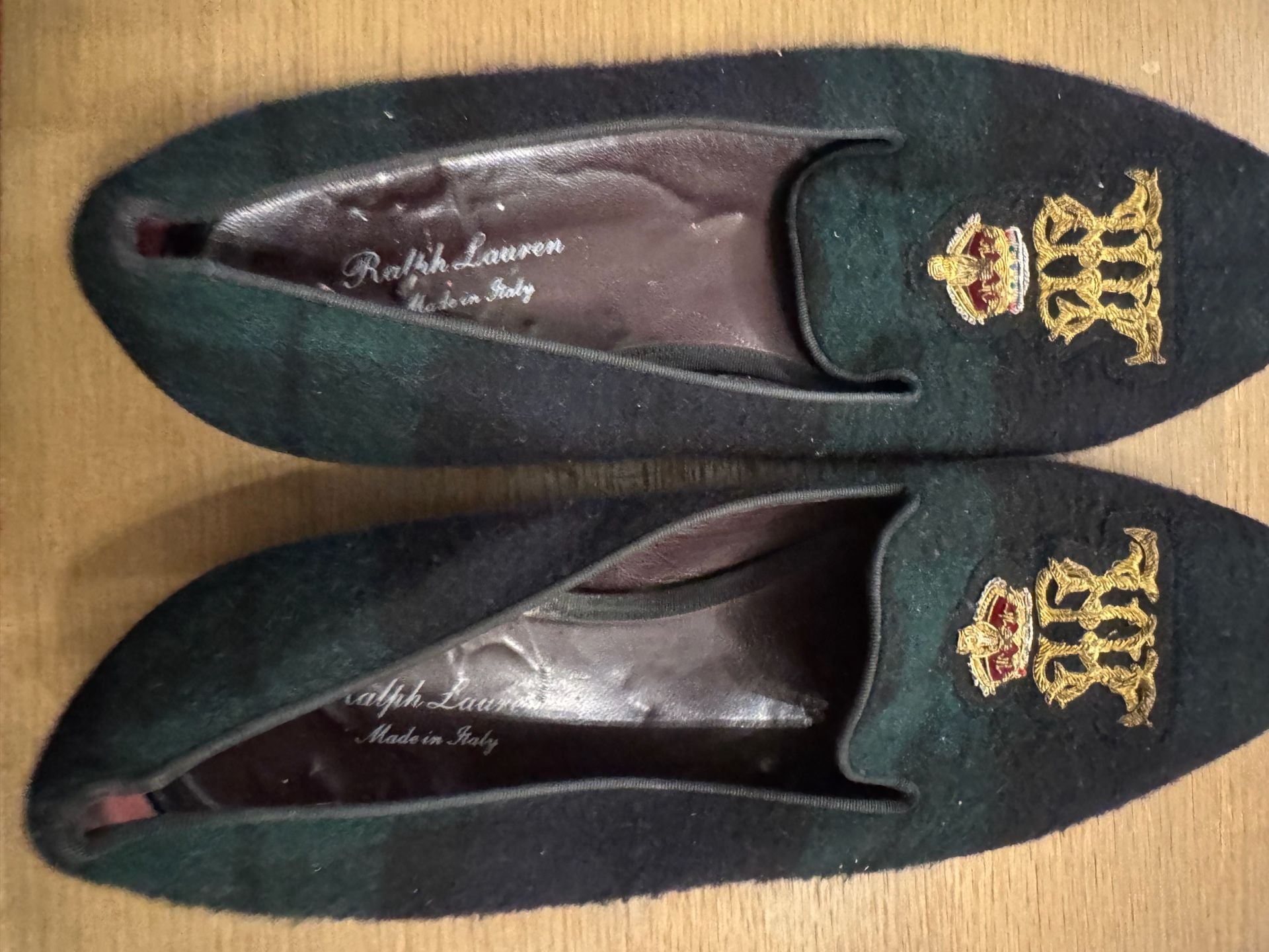 Ralph Lauren Men's Plaid Wool Embroidered Crest Slippers Made in Italy 7