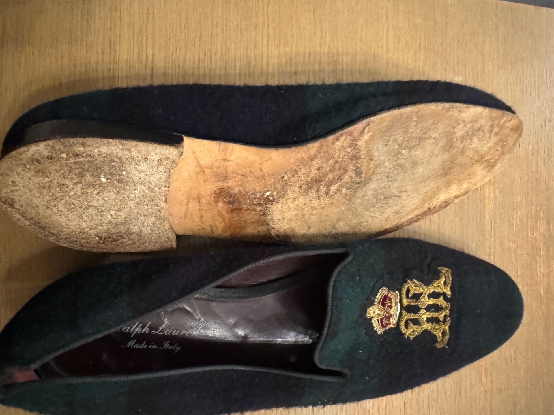Ralph Lauren Men's Plaid Wool Embroidered Crest Slippers Made in Italy 8