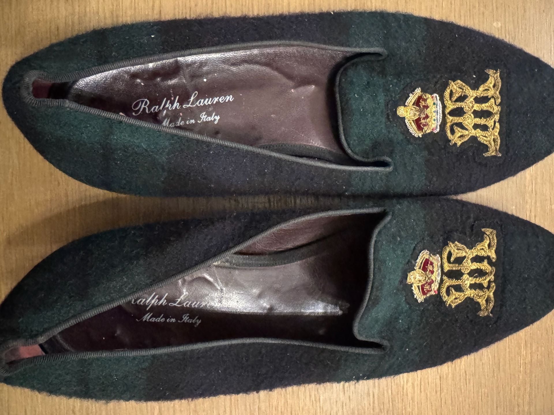 Ralph Lauren Men's Plaid Wool Embroidered Crest Slippers Made in Italy 9