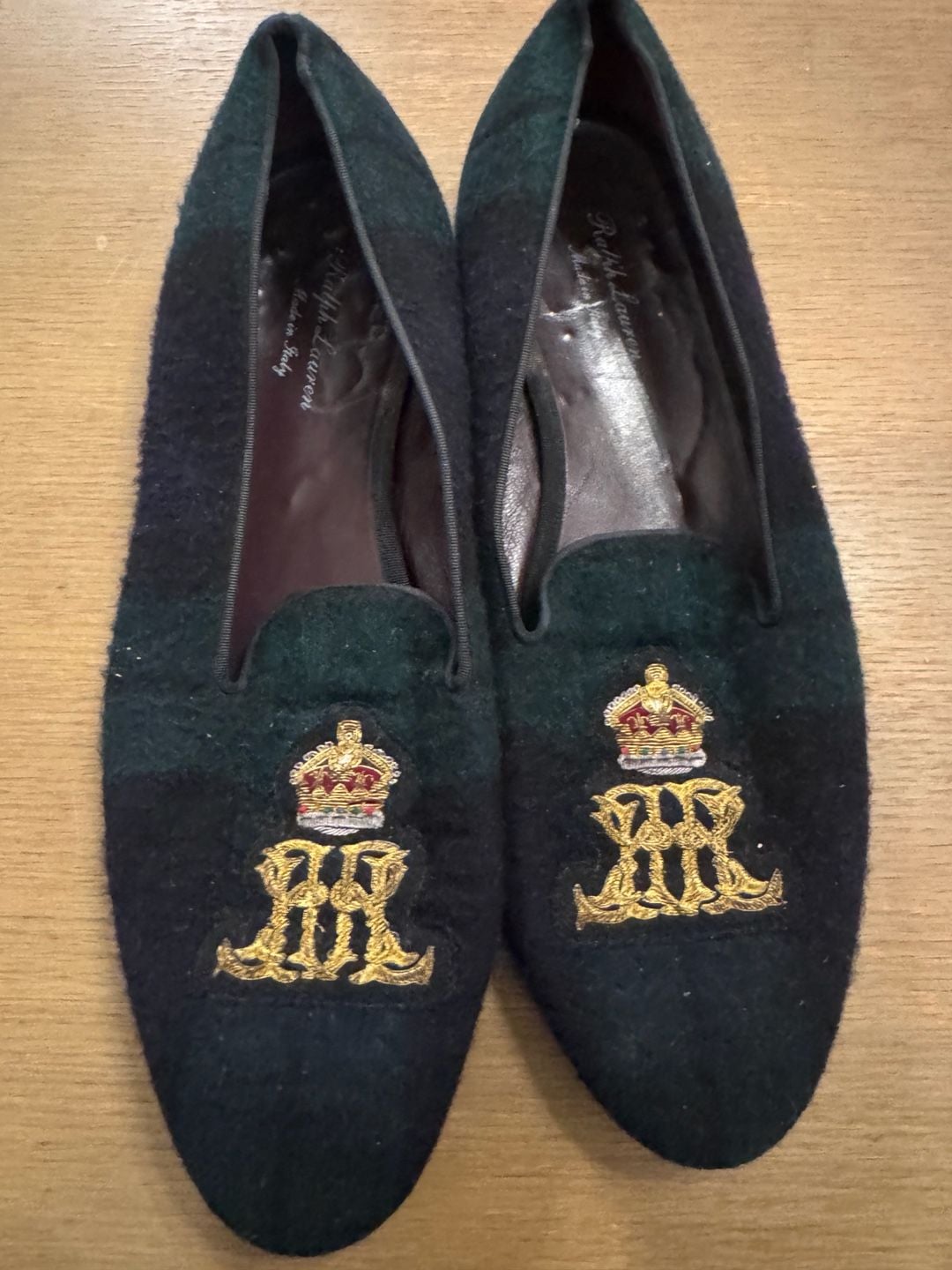 Ralph Lauren Men's Plaid Wool Embroidered Crest Slippers Made in Italy 13