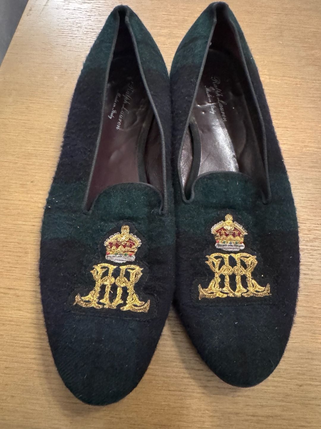 Ralph Lauren Men's Plaid Wool Embroidered Crest Slippers Made in Italy 15
