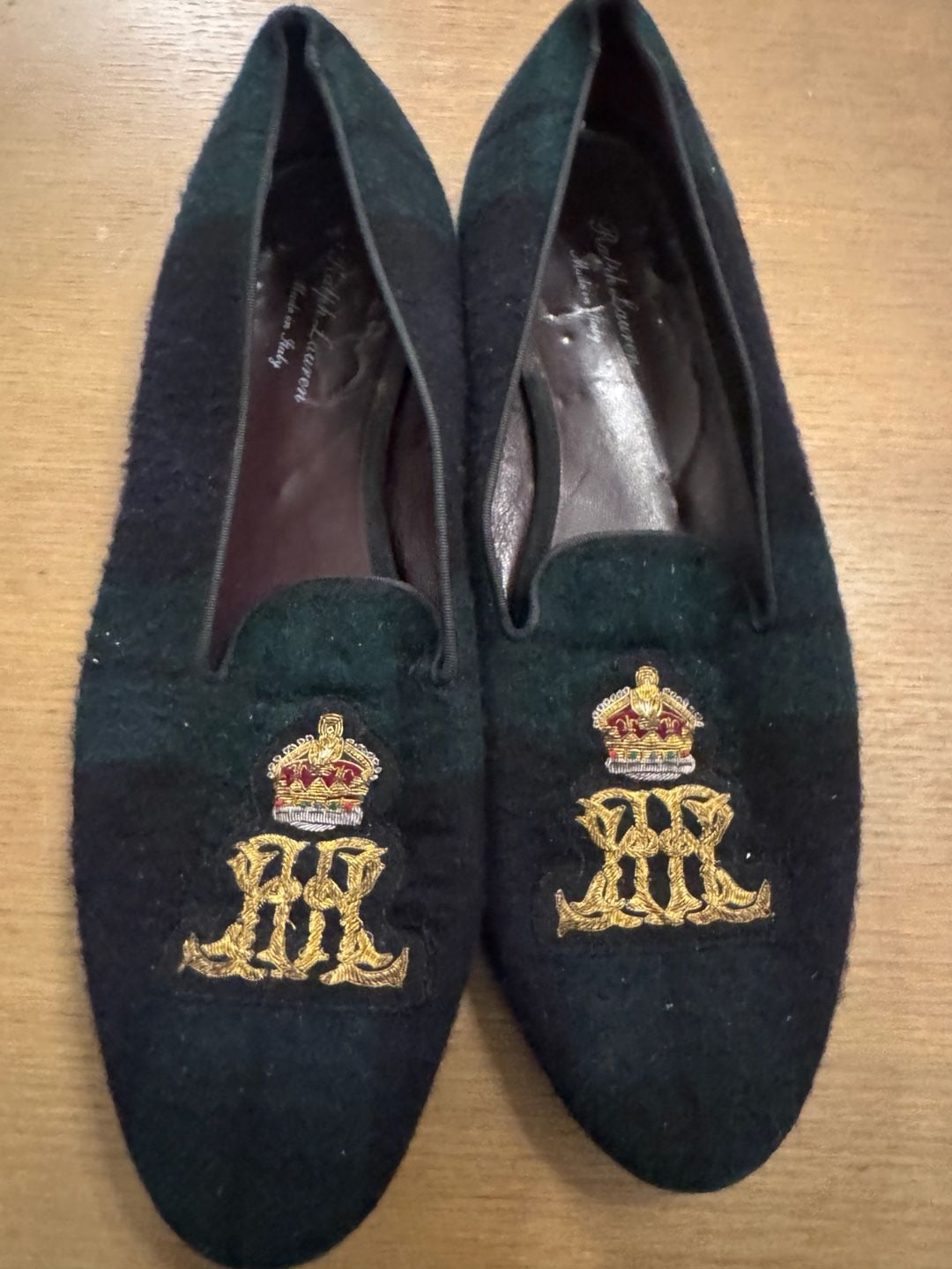 Ralph Lauren Men's Plaid Wool Embroidered Crest Slippers Made in Italy 16