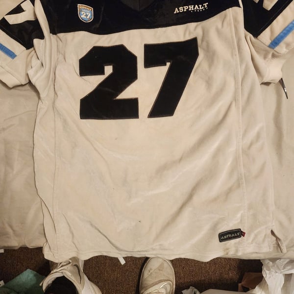 Asphalt Legend Men's #27 Velour Football Jersey, Ivory and Black, Size Medium