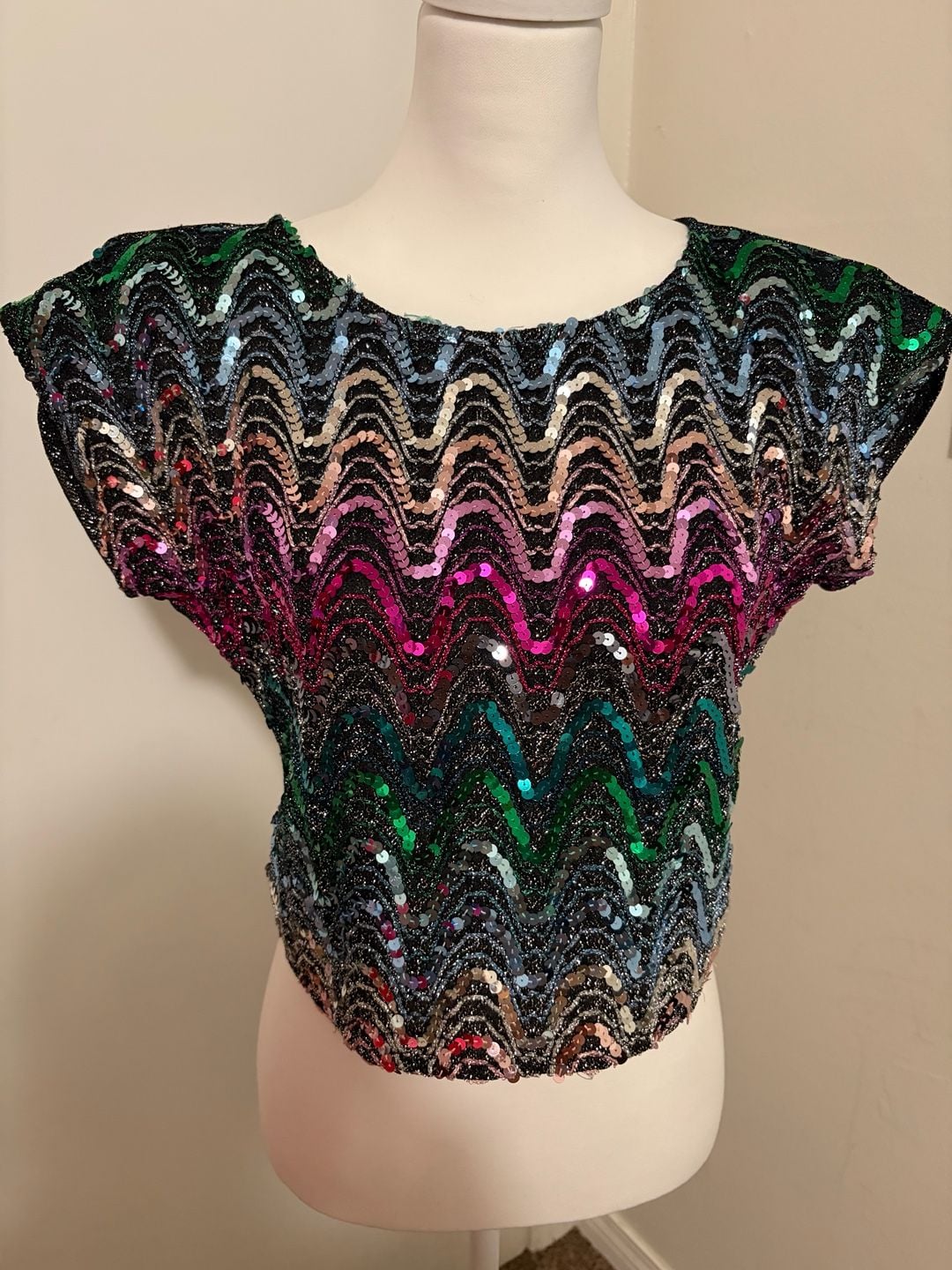 Vintage Rio Brand Rainbow Sequin Chevron Disco Blouse 2
