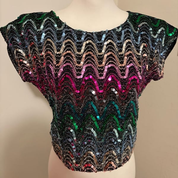 Vintage Rio Brand Rainbow Sequin Chevron Disco Blouse
