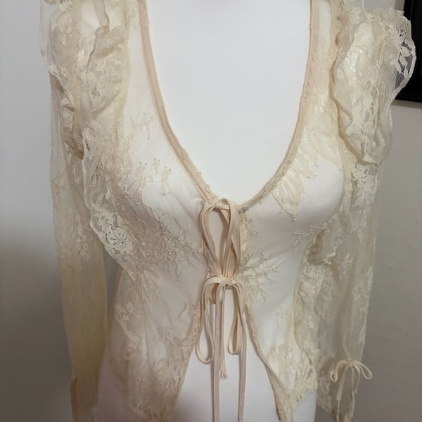 Wild Fable Women's Off-White Lace Long Sleeve Tie-Front Cardigan Top