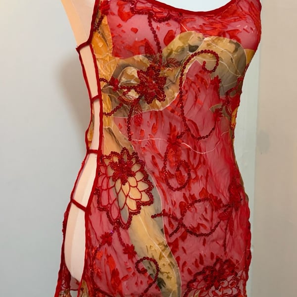 Shirley of Hollywood Silk and Rayon Floral Embroidered Sequined Chemise