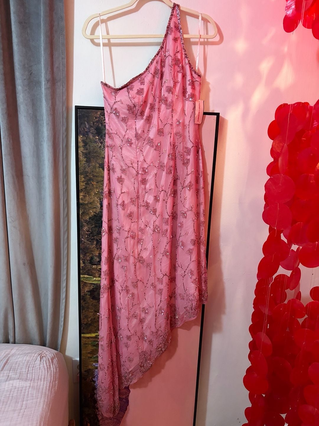 Beads Vintage One-Shoulder Floral Beaded Maxi Formal Dress in Pink 2