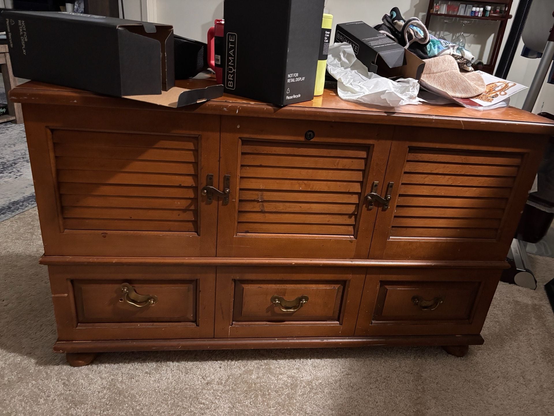 Vintage Lane Cedar Lined Blanket Chest with Louvered Shutter Facade and Drawer 1