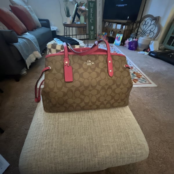 Coach Signature Canvas Reversible City Tote Bag F57842 with Pink Leather Trim