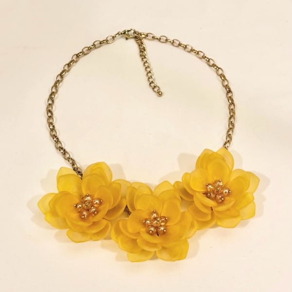 Summer Yellow Floral Statement Necklace with Gold Tone Accents
