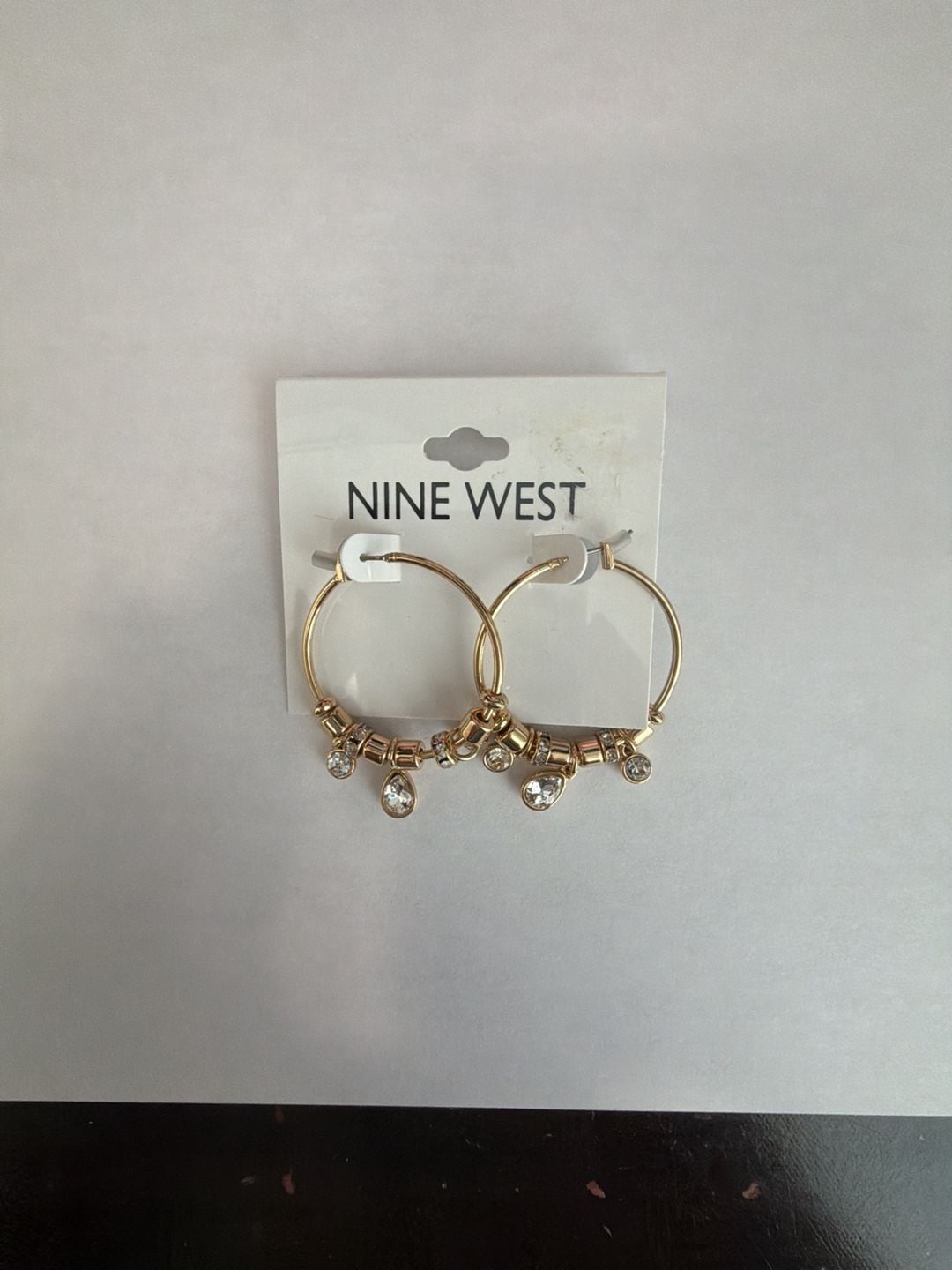 Nine West Gold Tone Crystal Rondelle Hoop Earrings 1