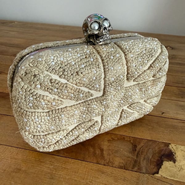 Alexander McQueen Britannia Skull Clutch Bag in Beige Knit with Pearl Embellishments