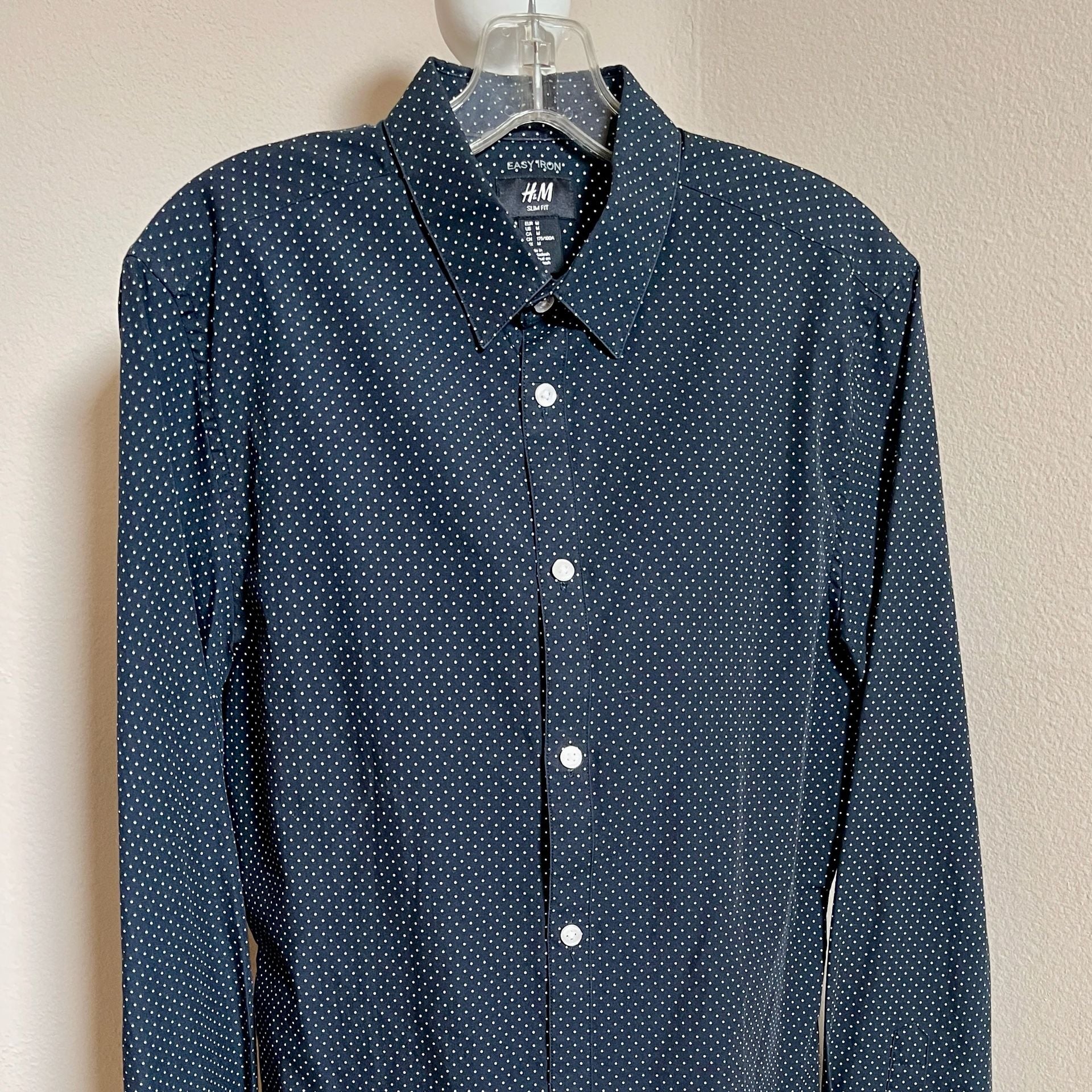 H&M Easy Iron Slim Fit, Navy and White Polka Dot Button Down Shirt 2
