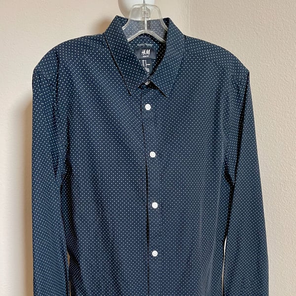 H&M Easy Iron Slim Fit, Navy and White Polka Dot Button Down Shirt