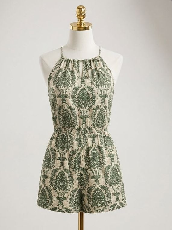 Plus Size 1xl SHEIN Green and Beige Damask Print Halter Romper 2