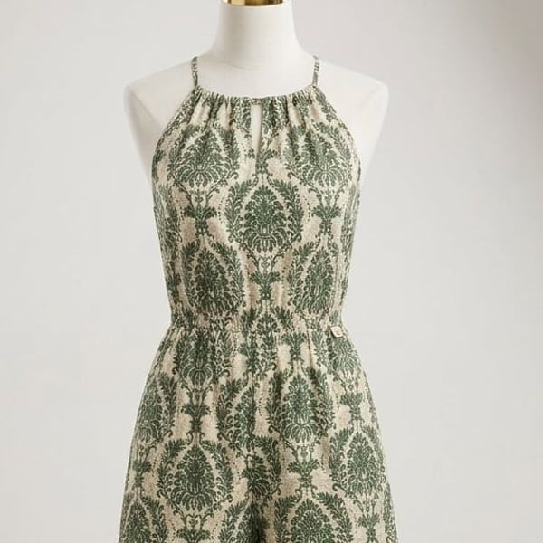 Plus Size 1xl SHEIN Green and Beige Damask Print Halter Romper
