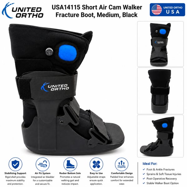 United Ortho USA14115 Short Air Cam Walker Fracture Boot, Black
