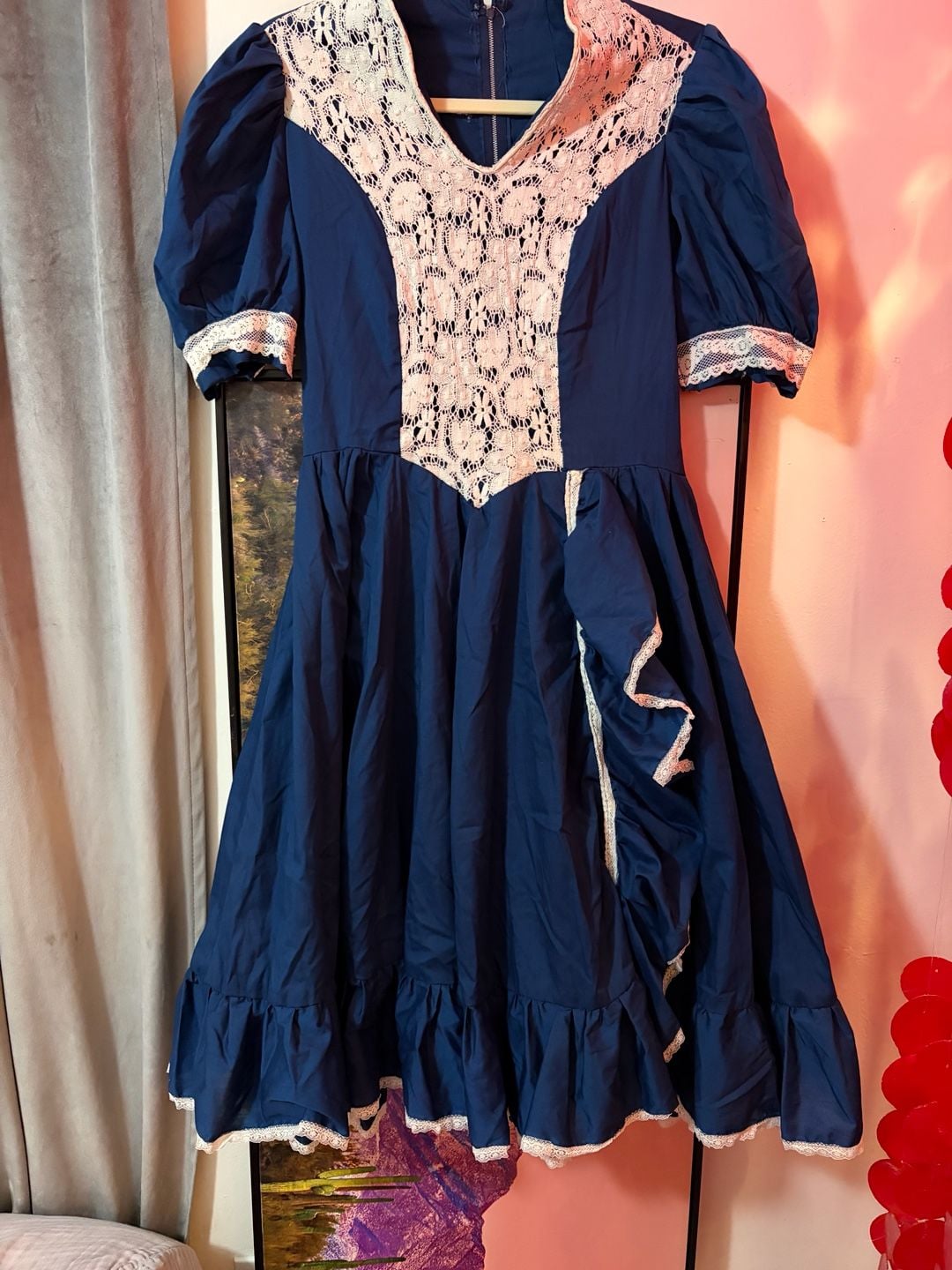 Vintage 1970s/80s Prairie Style Dress in Navy Blue with Cream Lace Overlay 1