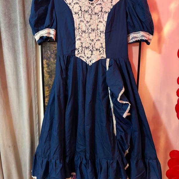 Vintage 1970s/80s Prairie Style Dress in Navy Blue with Cream Lace Overlay