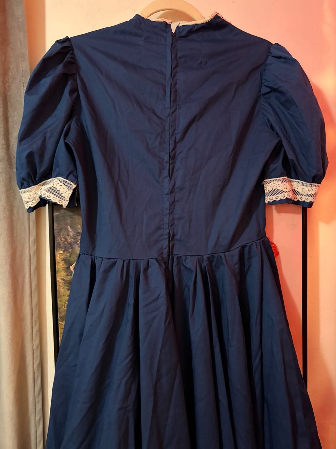 Vintage 1970s/80s Prairie Style Dress in Navy Blue with Cream Lace Overlay 2
