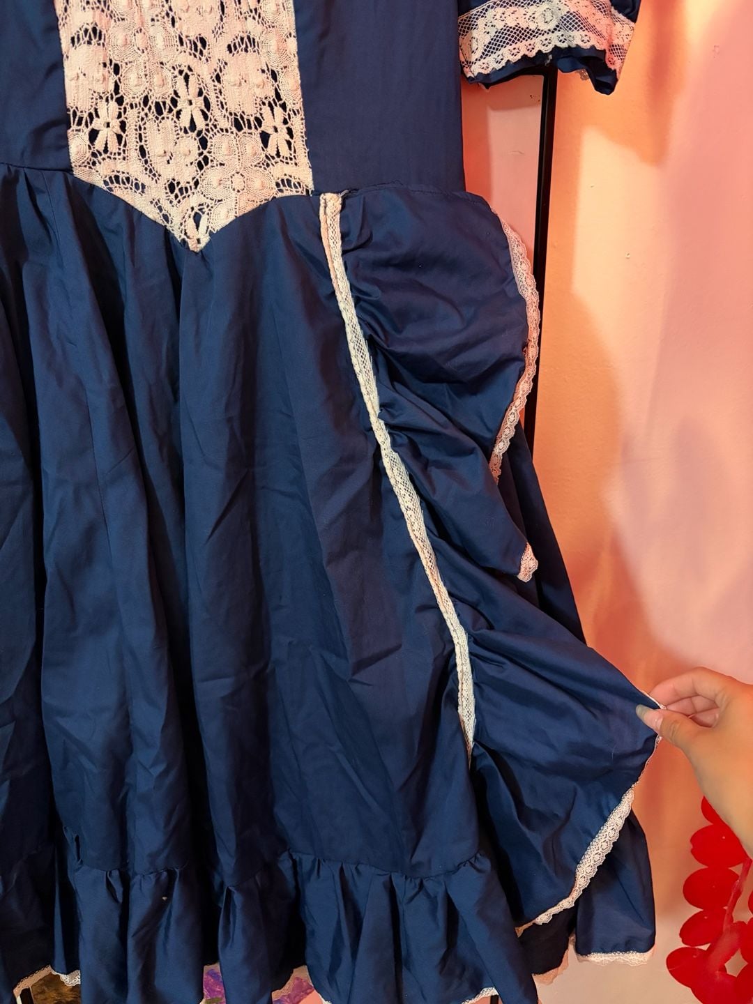 Vintage 1970s/80s Prairie Style Dress in Navy Blue with Cream Lace Overlay 3