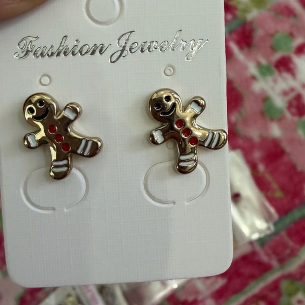 Silver Tone Gingerbread Man Enamel Stud Earrings