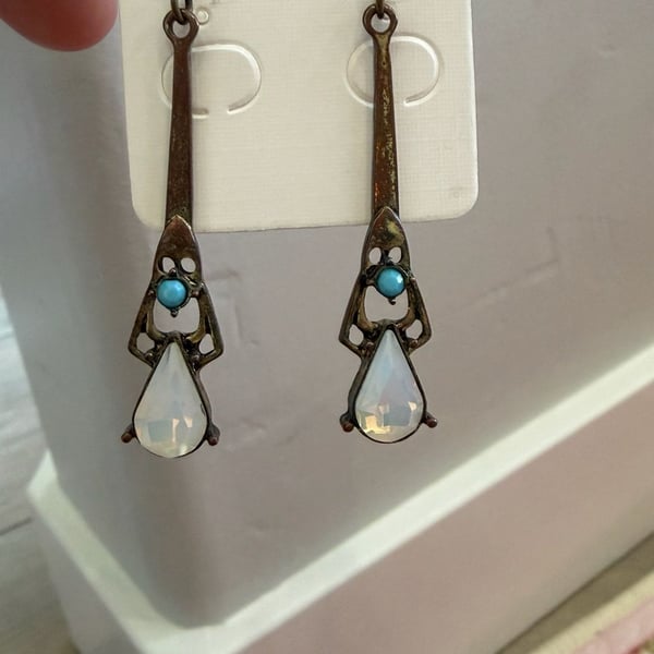 Art Deco Style Geometric Drop Dangle Earrings with Teardrop Accents