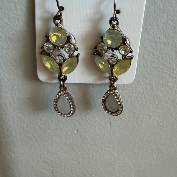 Vintage Style Gold-Tone Filigree Dangle Earrings with Faux Opal and Rhinestones