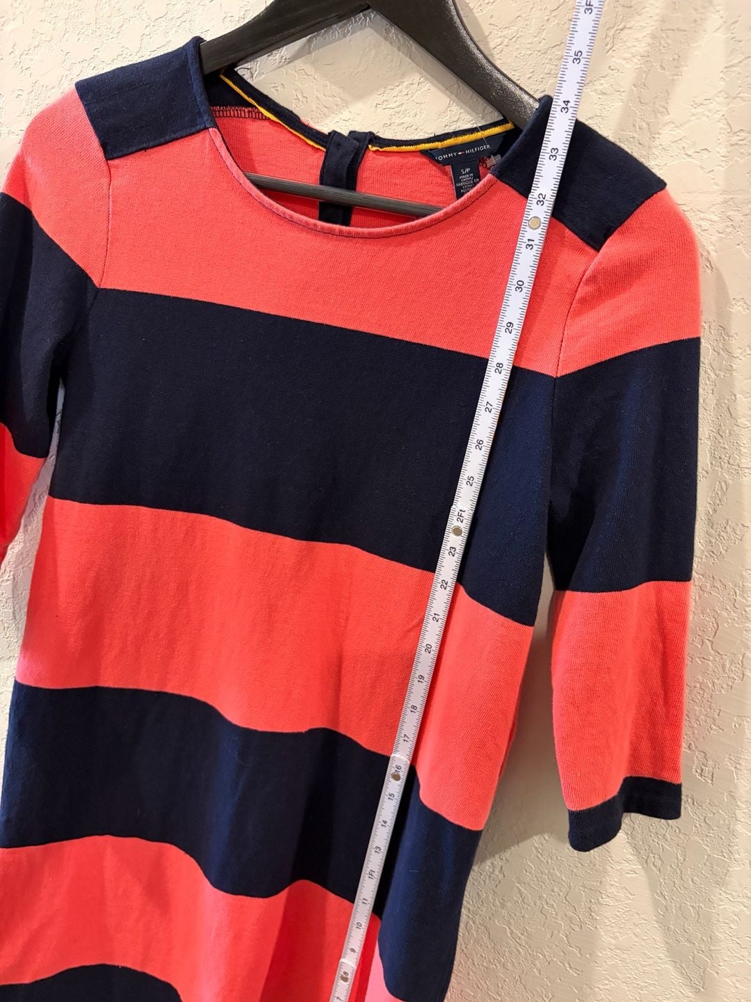 Tommy Hilfiger Women's Navy and Coral Striped Long Sleeve Shift Dress 5