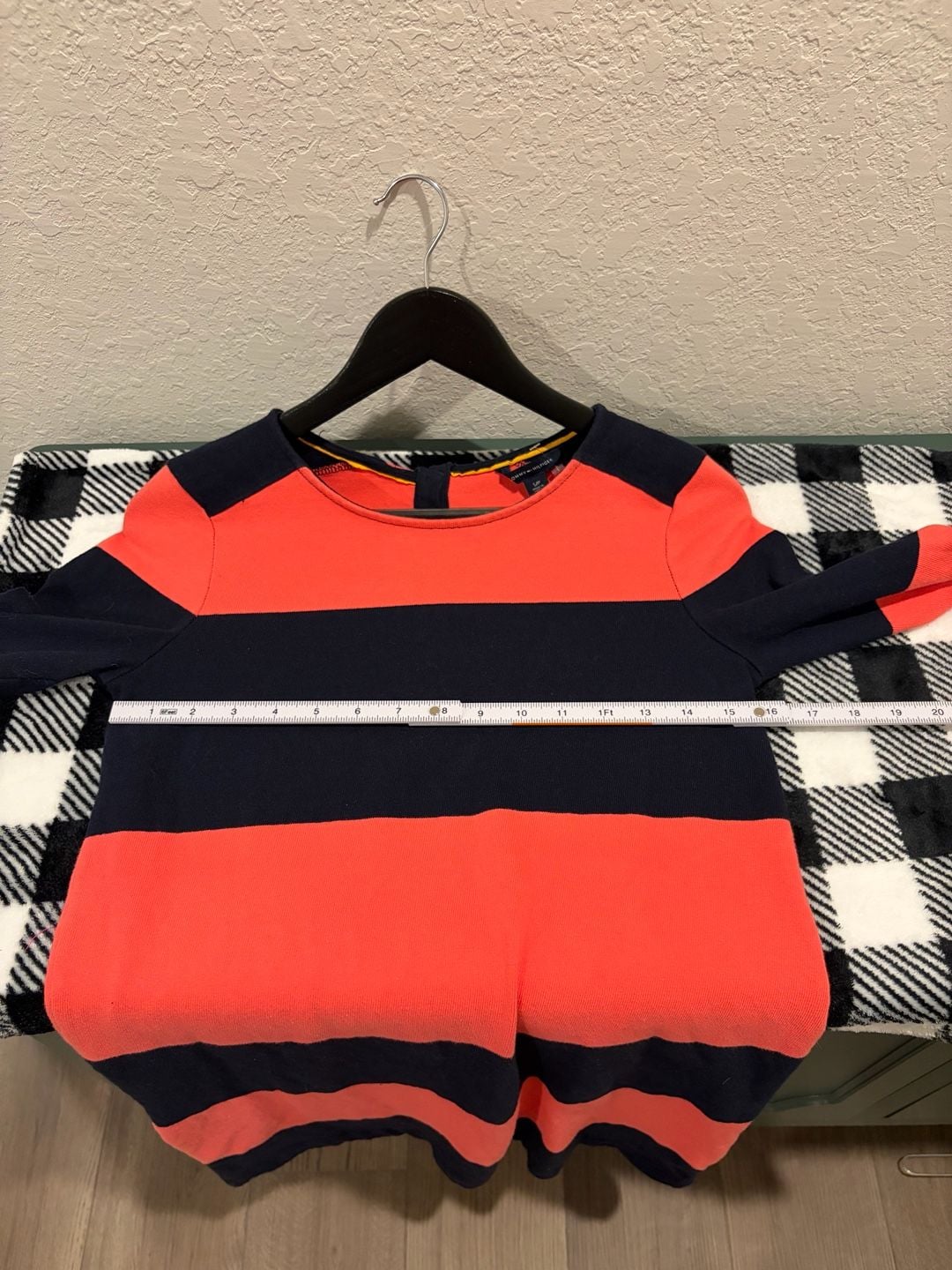Tommy Hilfiger Women's Navy and Coral Striped Long Sleeve Shift Dress 6