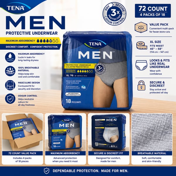TENA Men Protective Underwear Maximum Absorbency, XL (45-58 inch waist), 72 Count Value Pack (4 packs of 18)