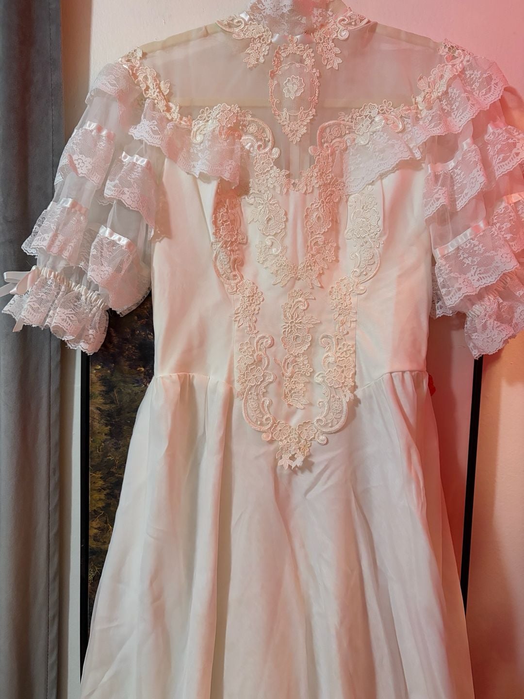 Vintage 1980s Victorian Style Lace Ruffle Tiered Wedding Dress 1
