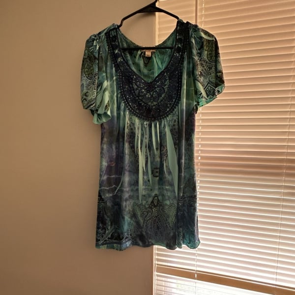 Live and Let Live Teal Paisley Print Tunic Top with Crochet V-Neck Detail