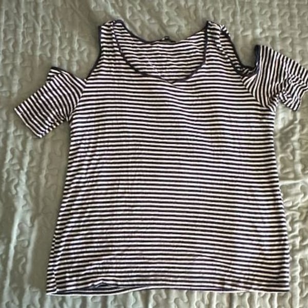 Ambiance Navy and White Striped Cold-Shoulder Ribbed T-Shirt