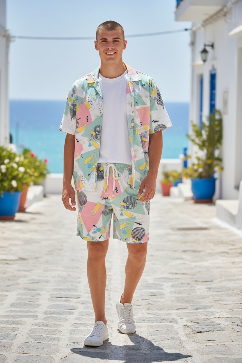 MCMXXXIII Men's Retro Geometric Short Sleeve Button-Up and Lined Swim Trunks Set 1