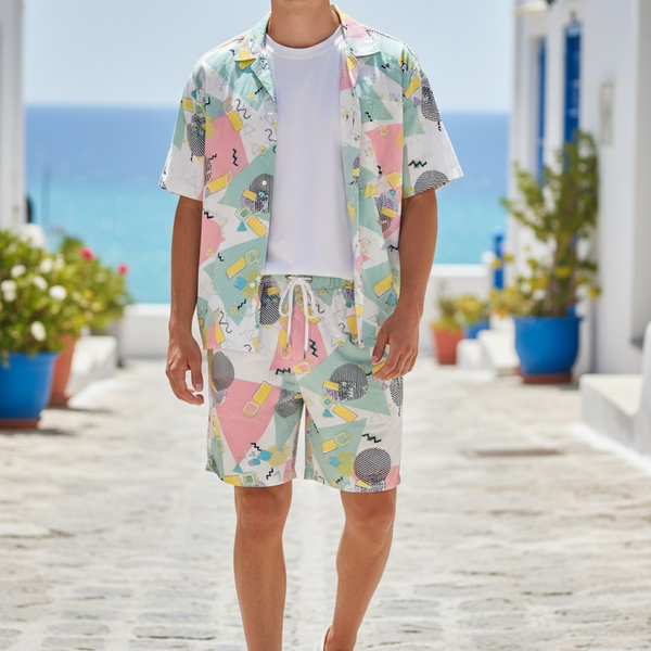 MCMXXXIII Men's Retro Geometric Short Sleeve Button-Up and Lined Swim Trunks Set