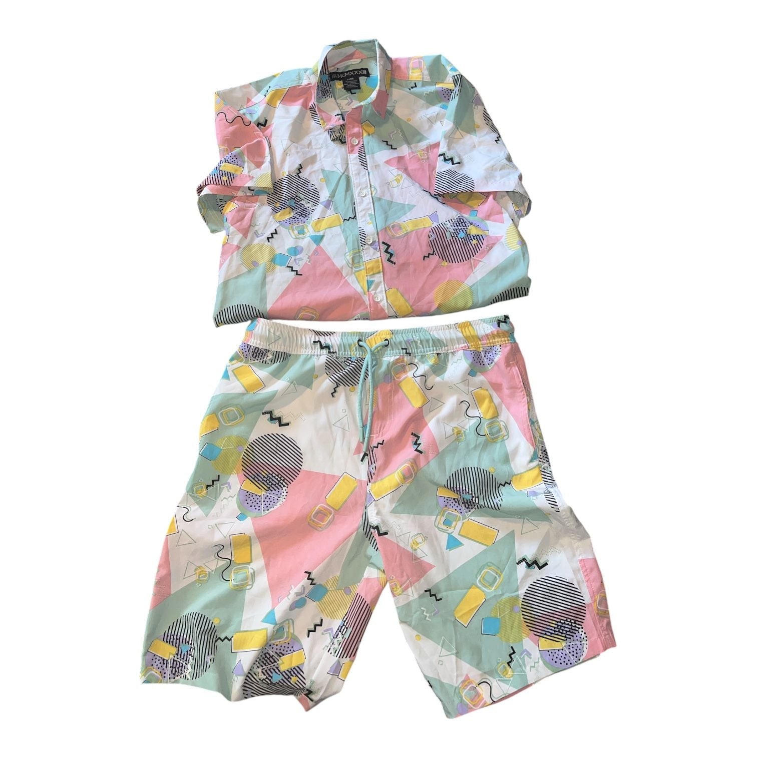 MCMXXXIII Men's Retro Geometric Short Sleeve Button-Up and Lined Swim Trunks Set 2