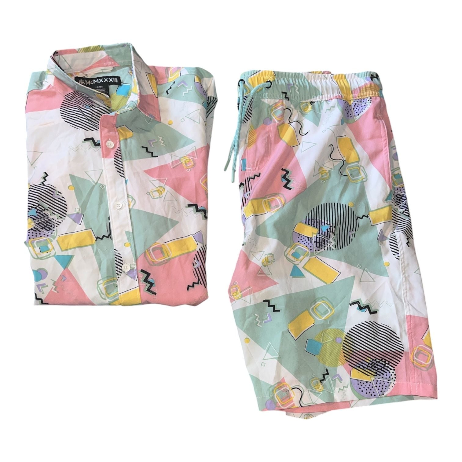 MCMXXXIII Men's Retro Geometric Short Sleeve Button-Up and Lined Swim Trunks Set 3