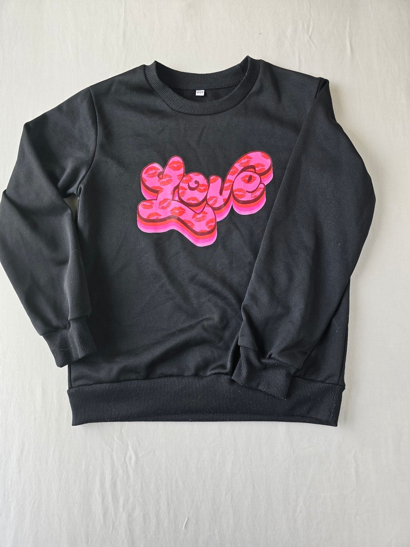 Girls Black Crewneck Sweatshirt with Pink Lips 'Love' Graphic 2