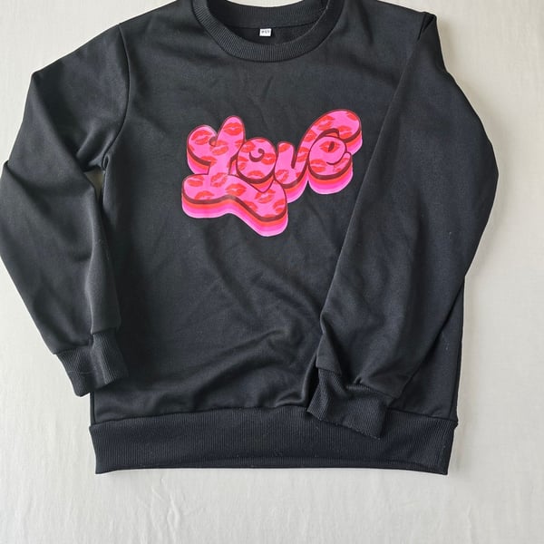 Girls Black Crewneck Sweatshirt with Pink Lips 'Love' Graphic
