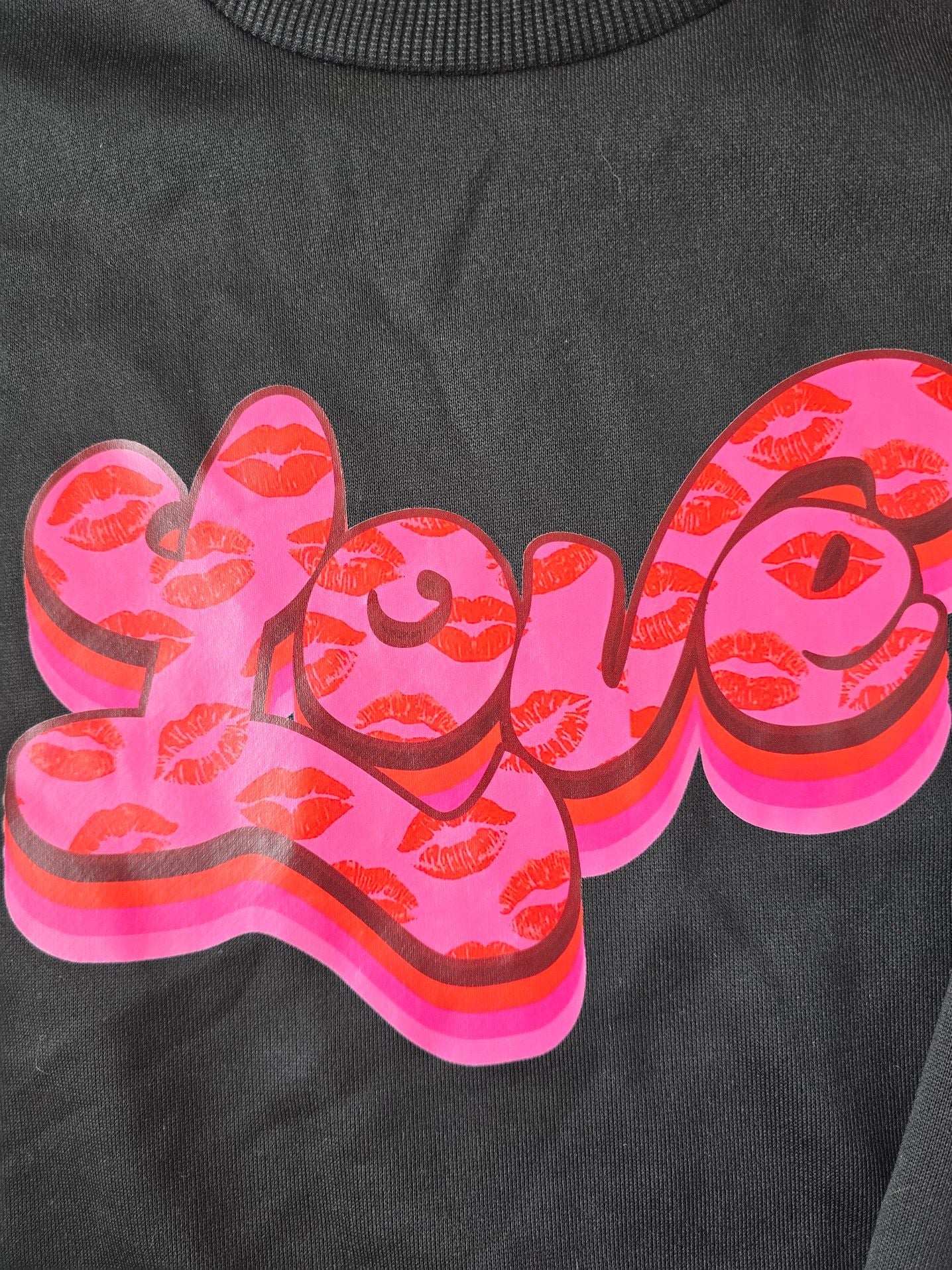 Girls Black Crewneck Sweatshirt with Pink Lips 'Love' Graphic 3