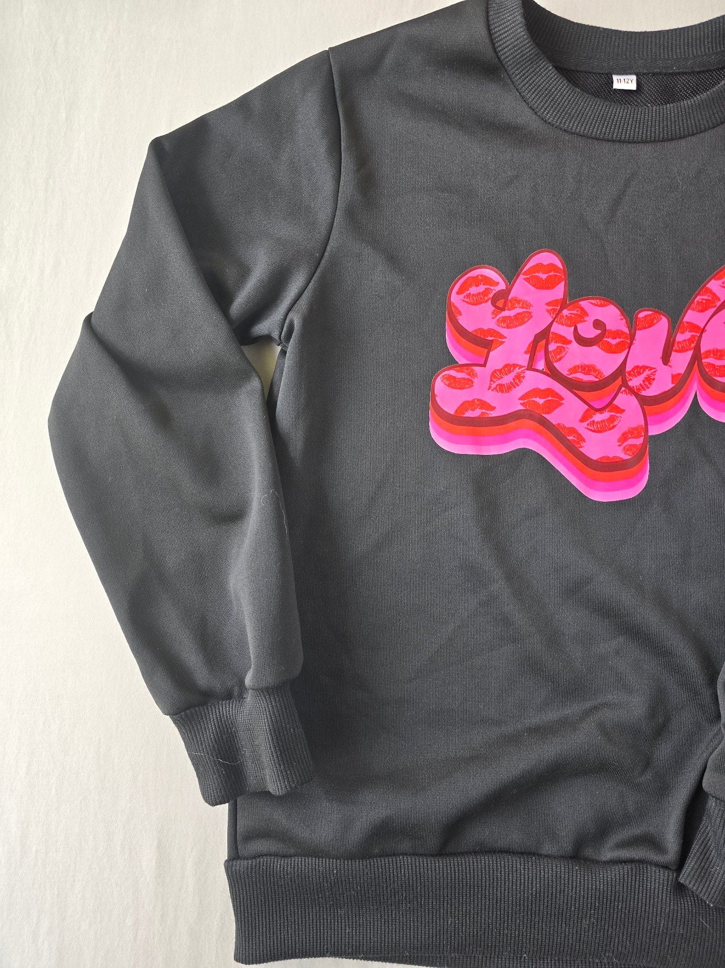 Girls Black Crewneck Sweatshirt with Pink Lips 'Love' Graphic 5