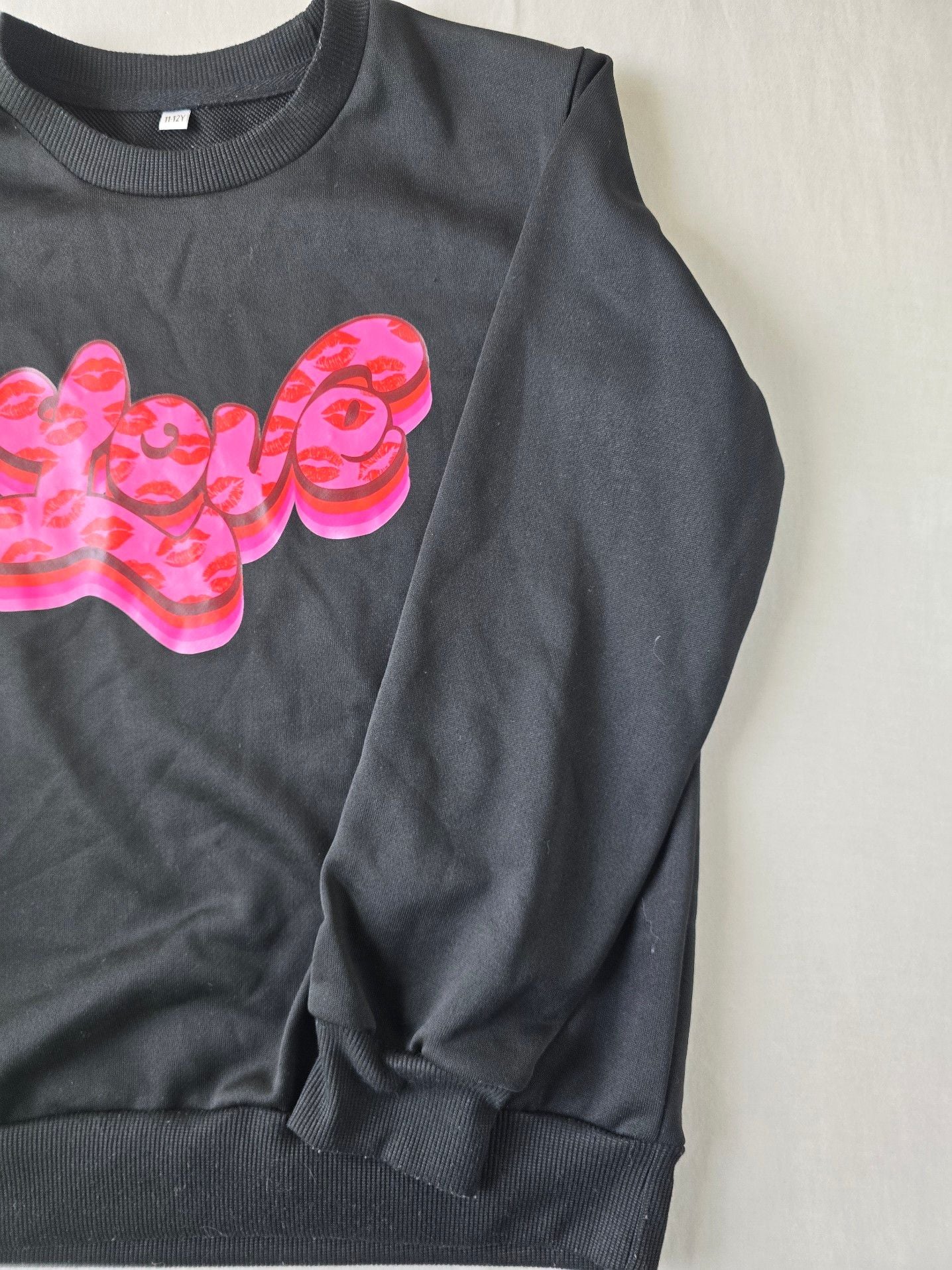 Girls Black Crewneck Sweatshirt with Pink Lips 'Love' Graphic 6